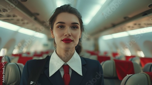 Beautiful young woman in a suit and tie standing in the aisle of an airplane. She is looking at the camera with a smile on her face.