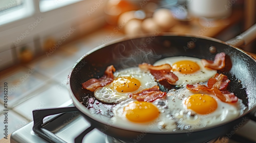 Eggs frying on kitchen stove morning breakfast concept wallpaper background Eggs frying on kitchen stove morning breakfast concept wallpaper background