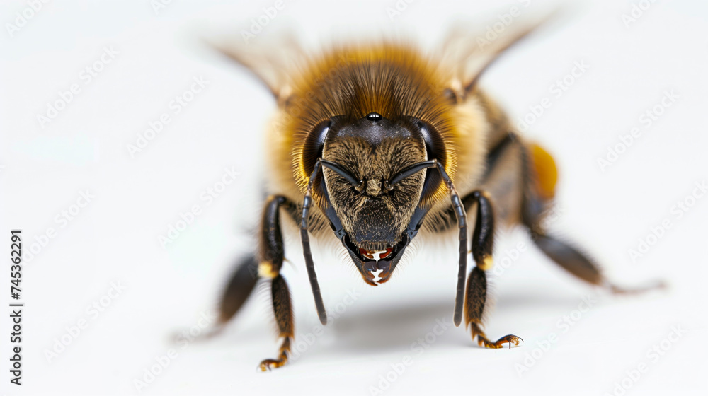 A close up of a honey or bumble bee on a isolated white background A close up of a honey or bumble bee on a isolated white background