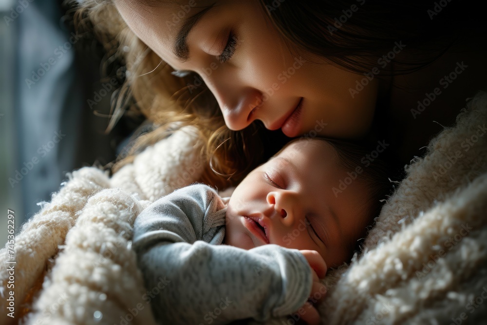 A beautiful portrait featuring a mother and her sleeping newborn, showcasing the warmth and care