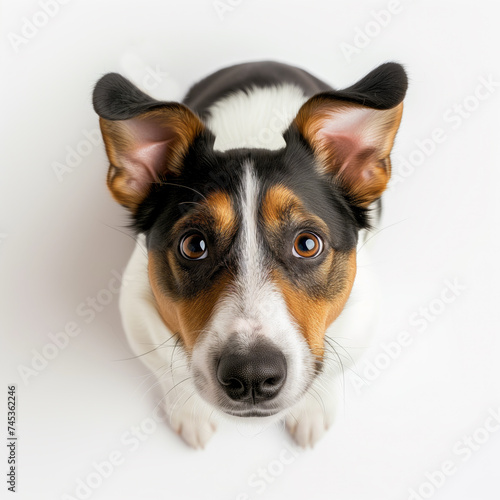 Jack Russell Terrier dog looking up, happy expression, isolated white background, concept of healthy, happy, training