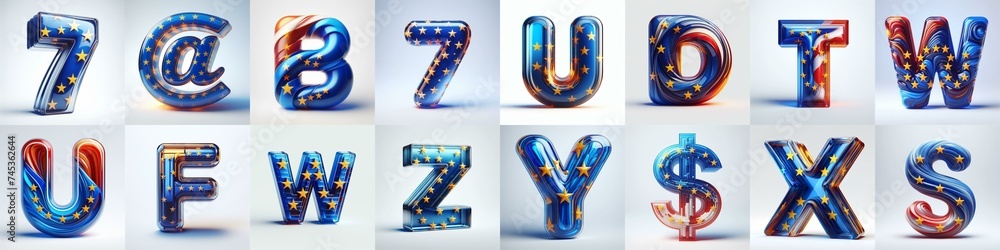 Glass letters shape in colors EU flag 3D Lettering Typeface. AI generated illustration Glass letters shape in colors EU flag 3D Lettering Typeface. AI generated illustration