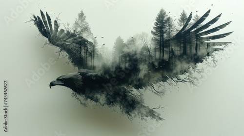 Graphic illustration in the form of a silhouette of an eagle and nature inside. Landscape with forest. photo