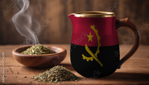 A teapot with the Angola flag printed on it is on the table, next to it is a mug of tea and green tea is scattered. Concept of tea business, friendship, partnership