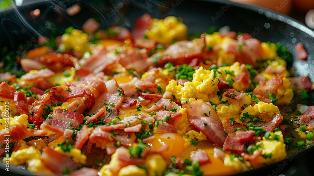 Scrambled eggs with sausages morning breakfast concept wallpaper background Scrambled eggs with sausages morning breakfast concept wallpaper background