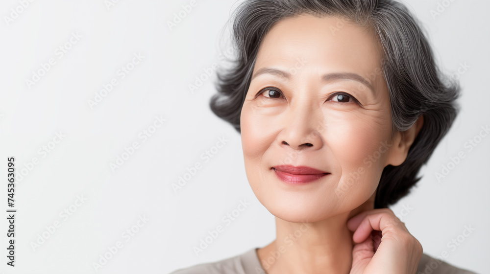 a closeup photo portrait of a beautiful senior asian woman looking forward ad with copy-space a closeup photo portrait of a beautiful senior asian woman looking forward ad with copy-space
