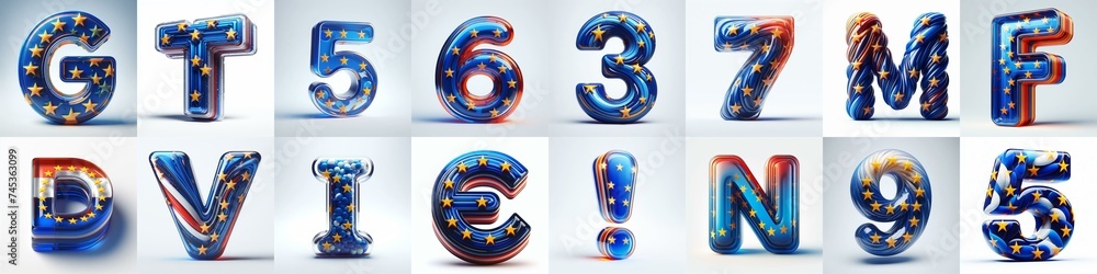 Fototapeta premium Glass letters shape in colors EU flag 3D Lettering Typeface. AI generated illustration