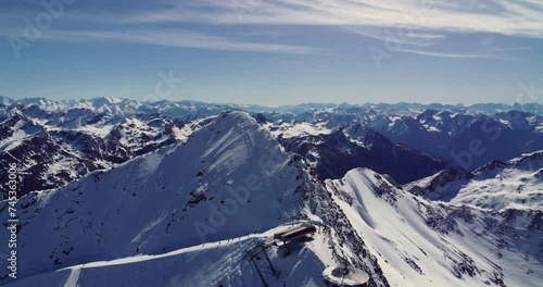 Aerial view footage of beautiful panoramic winter ski track in Alps, Solden ski resort, Tyrol, Austria. photo