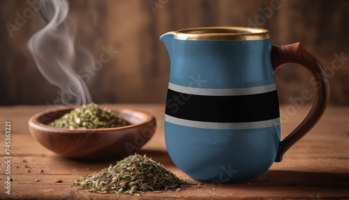A teapot with the Botswana flag printed on it is on the table  next to it is a mug of tea and green tea is scattered. Concept of tea business  friendship  partnership