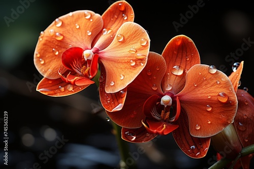 Elegant orange orchids with water drops isolated on a black background.