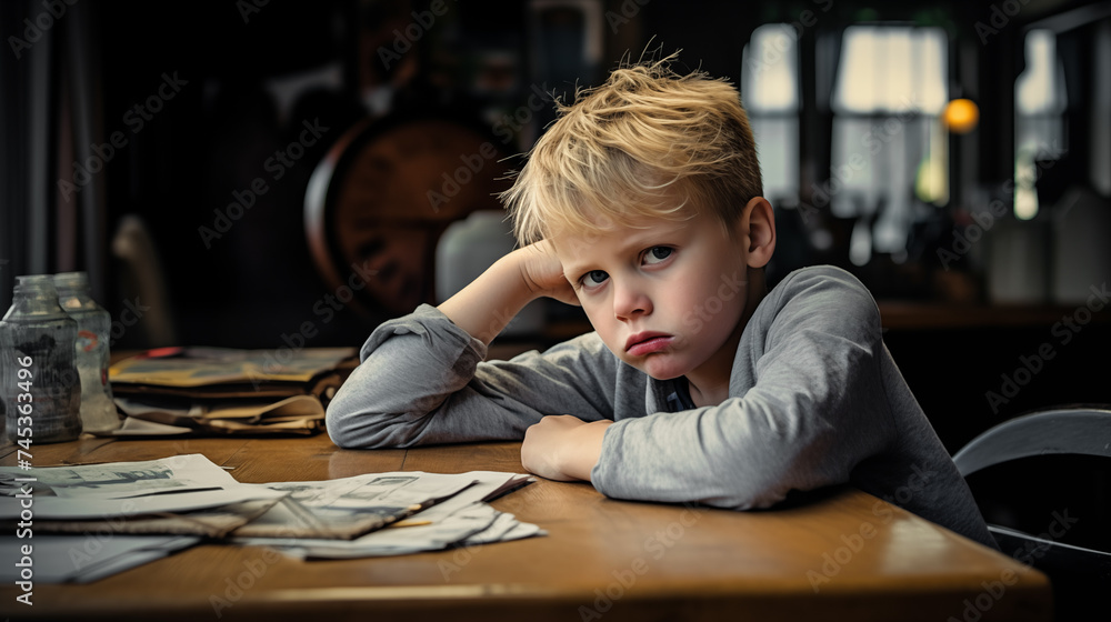 Little boy upset about her bad grades sitting at the table Little boy upset about her bad grades sitting at the table
