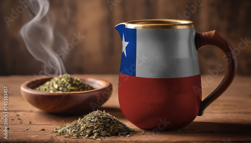 A teapot with the Chile flag printed on it is on the table  next to it is a mug of tea and green tea is scattered. Concept of tea business  friendship  partnership