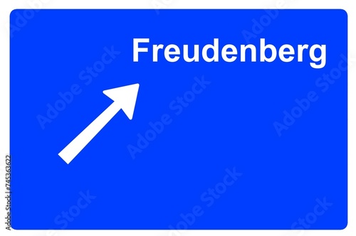 Illustration eines Autobahn-Ausfahrtschildes mit der Beschriftung "Freudenberg"	