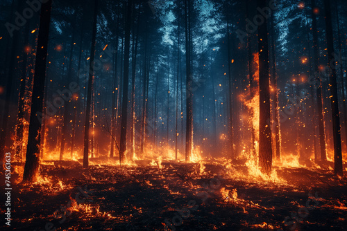 A forest fire at night.