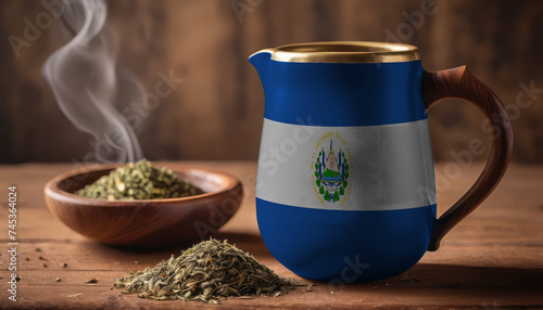 A teapot with the El Salvador flag printed on it is on the table, next to it is a mug of tea and green tea is scattered. Concept of tea business, friendship, partnership