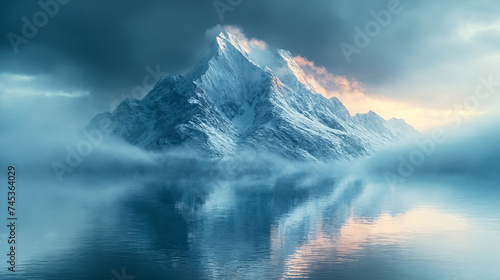 A breathtaking view of a mountain peak piercing through a layer of clouds  reflected in tranquil waters below.
