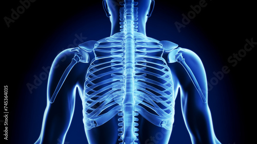 Human skeleton with view on the spine bones X-Ray 3D render