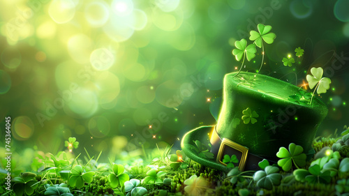 Saint Patrick's Day, decorative background with green leprechaun hat and bokeh lights