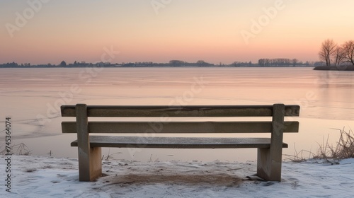 a wooden bench sitting on top of a snow covered ground next to a body of water with a sunset in the background.