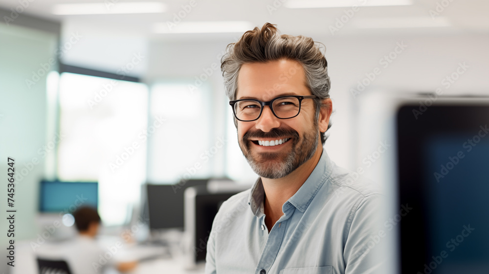 a close-up to a handsome man 40 years old, entrepreneur with a smile on his face in a light background modern office, a close-up to a handsome man 40 years old, entrepreneur with a smile on his face in a light background modern office,
