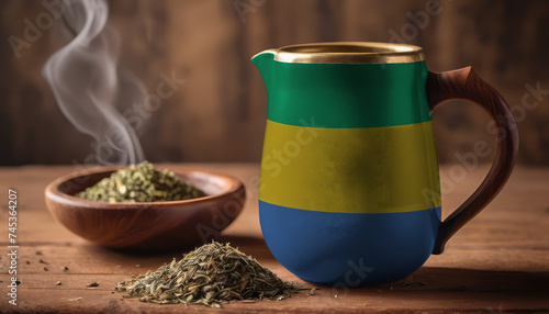 A teapot with the Gabon flag printed on it is on the table, next to it is a mug of tea and green tea is scattered. Concept of tea business, friendship, partnership