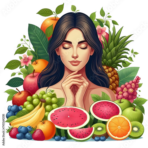  A serene woman surrounded by a vibrant array of fresh fruits vector on  white background 
