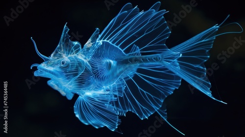 a close up of a blue fish in the water with it's head turned to look like a fish.
