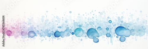 Abstract watercolor painted bubbles in blue tones with splashes on a white background.