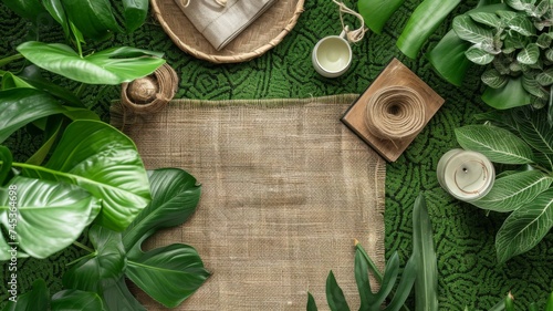 Top view of a tranquil spa setting with green leaves, candles, and wellness accessories on a textured background.