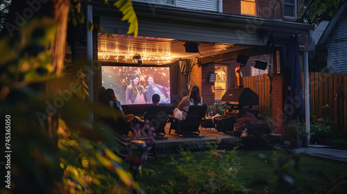 A backyard movie night with a projector, screen, and cozy seating for a memorable outdoor cinema experience — Creation and Development, Success and Achievement, Love and Respect