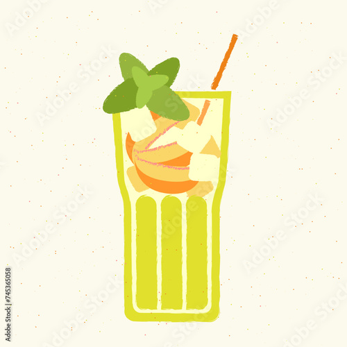 Green cocktail with peach, leaves. Summer drink in highball glass. Alcohol drink for bar. Cold soft liquid in tall glass. Non-alcoholic beverage. Flat vector illustration with texture. Highball glass