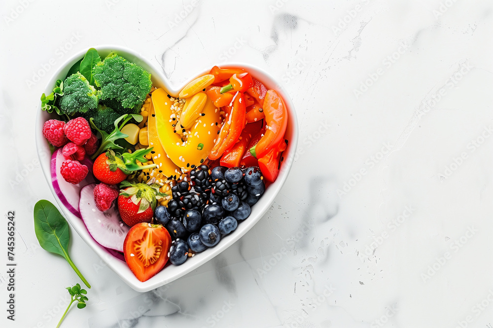 Heart shaped plate with healthy food on white background. - obrazy, fototapety, plakaty 