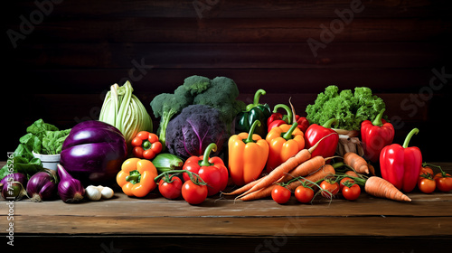A vibrant display of fresh, organic vegetables including red tomatoes, green lettuce, orange carrots, and purple eggplants arranged beautifully on a rustic wooden table