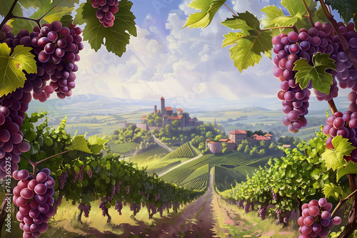 Ripe grapes dangle in a vineyard. A castle can be seen in the background
