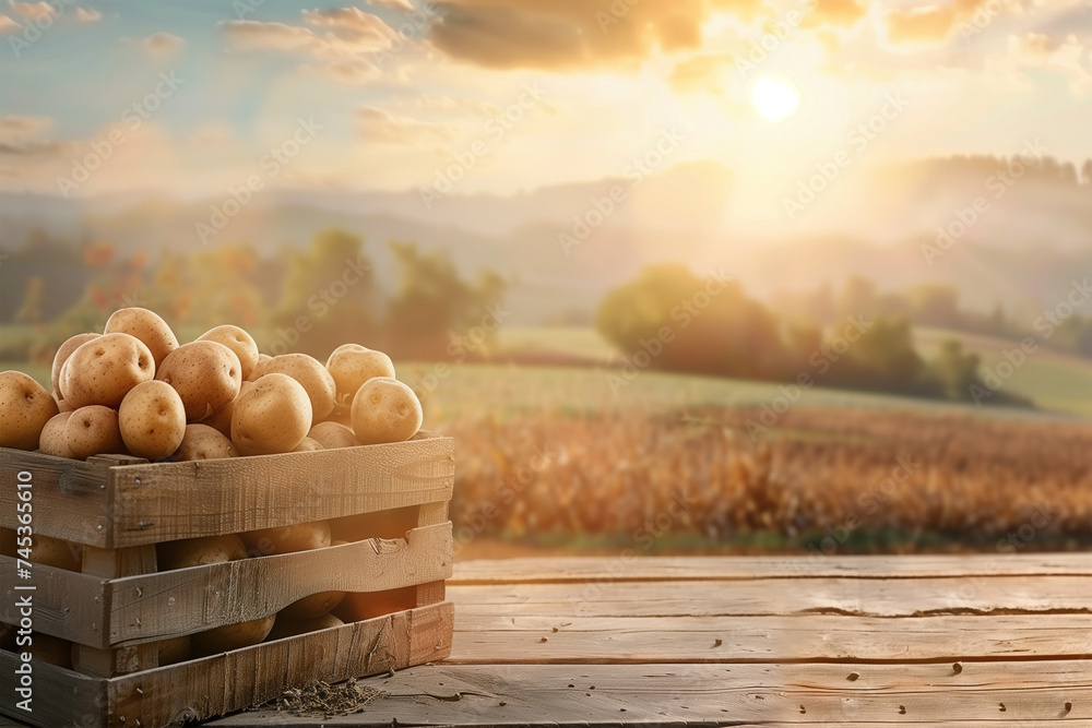 Potatoes harvested in a wooden box with field and sunset in the background. - obrazy, fototapety, plakaty 