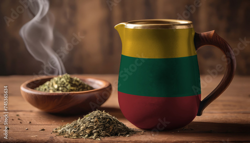 A teapot with the Lithuania flag printed on it is on the table, next to it is a mug of tea and green tea is scattered. Concept of tea business, friendship, partnership