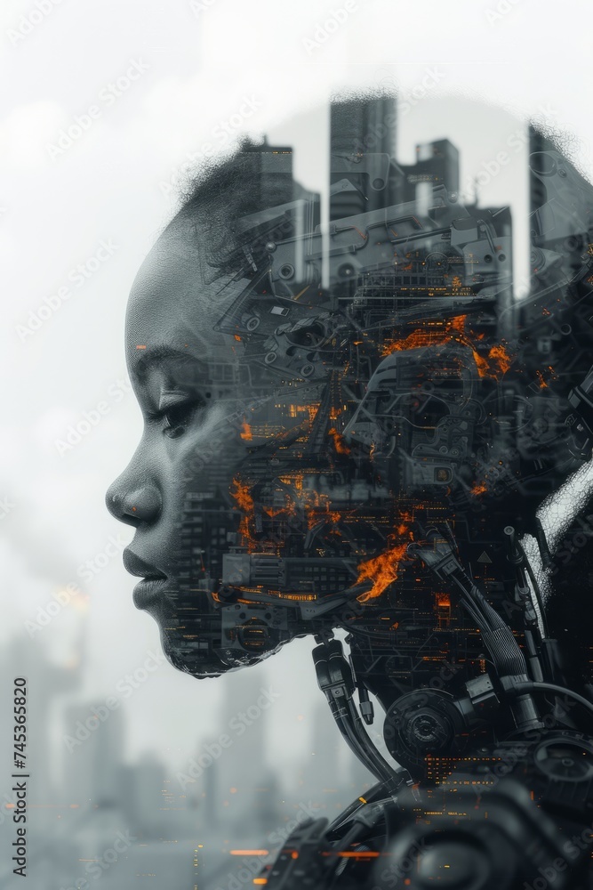 double exposure between a beautiful kindness black-latina AI-robot and a city which is completely destroyed by a large explosion