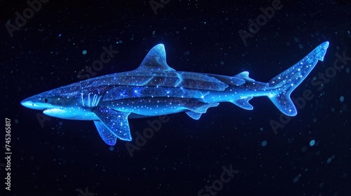 a picture of a shark that is glowing blue and has a lot of stars on it's body and it looks like it is floating in the water. photo