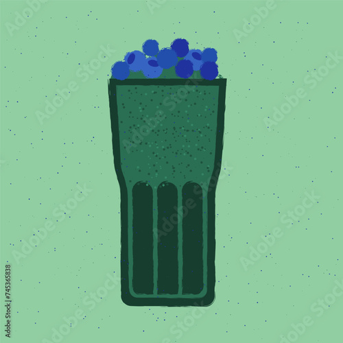 Green cocktail with blueberries. Smoothie drink in highball glass. Alcohol drink for bar. Cold soft liquid in tall glass. Non-alcoholic beverage. Flat vector illustration with texture