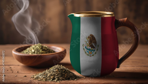 A teapot with the Mexico flag printed on it is on the table, next to it is a mug of tea and green tea is scattered. Concept of tea business, friendship, partnership