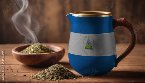 A teapot with the Nicaragua flag printed on it is on the table, next to it is a mug of tea and green tea is scattered. Concept of tea business, friendship, partnership