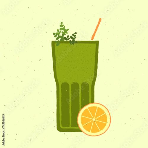 Green cocktail with orange and green leaves. Summer drink in highball glass. Alcohol drink for bar. Cold soft liquid in tall glass. Non-alcoholic beverage. Flat vector illustration with texture