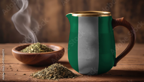 A teapot with the Nigeria flag printed on it is on the table, next to it is a mug of tea and green tea is scattered. Concept of tea business, friendship, partnership