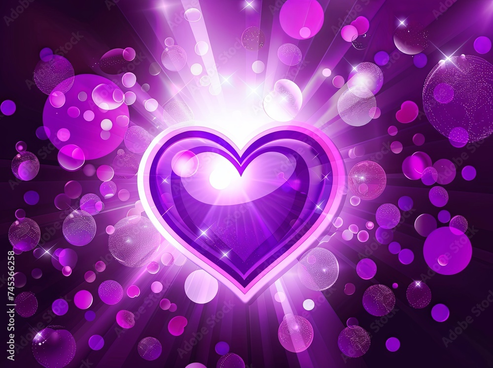 Heart shaped background for valentines day, in the style of dark violet and light violet, neo-pop iconography, sunrays shine upon it, luminous spheres, symbolic elements.