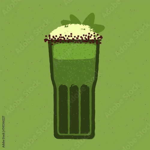 Green cocktail with whipped cream, chocolate, leaves. Smoothie in highball glass. Alcohol drink for bar. Cold soft liquid in tall glass. Non-alcoholic beverage. Flat vector illustration with texture