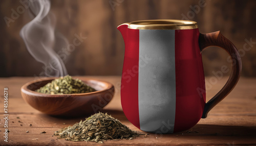 A teapot with the Peru flag printed on it is on the table, next to it is a mug of tea and green tea is scattered. Concept of tea business, friendship, partnership