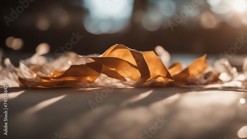 golden autumn leaves a crumpled paper flower on a table 