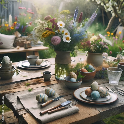 A rustic outdoor table setting with painted Easter eggs and a vibrant bouquet, inviting a festive springtime brunch.
