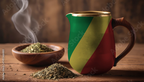 A teapot with the Republic of the Congo flag printed on it is on the table, next to it is a mug of tea and green tea is scattered. Concept of tea business, friendship, partnership