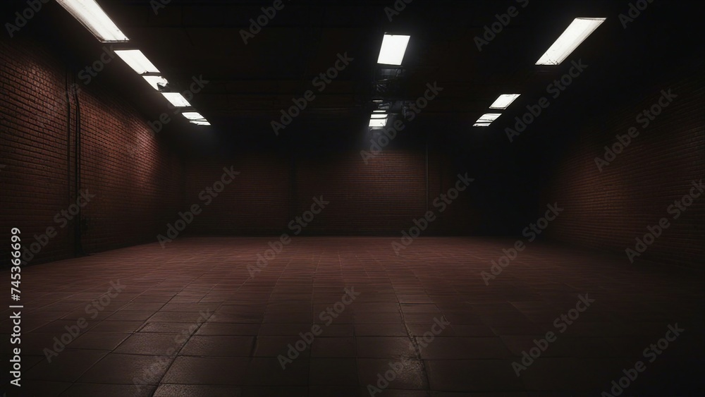 spotlight on the wall A dark and empty room with brick walls and concrete floor tiles. Neon light, spotlight, smoke 